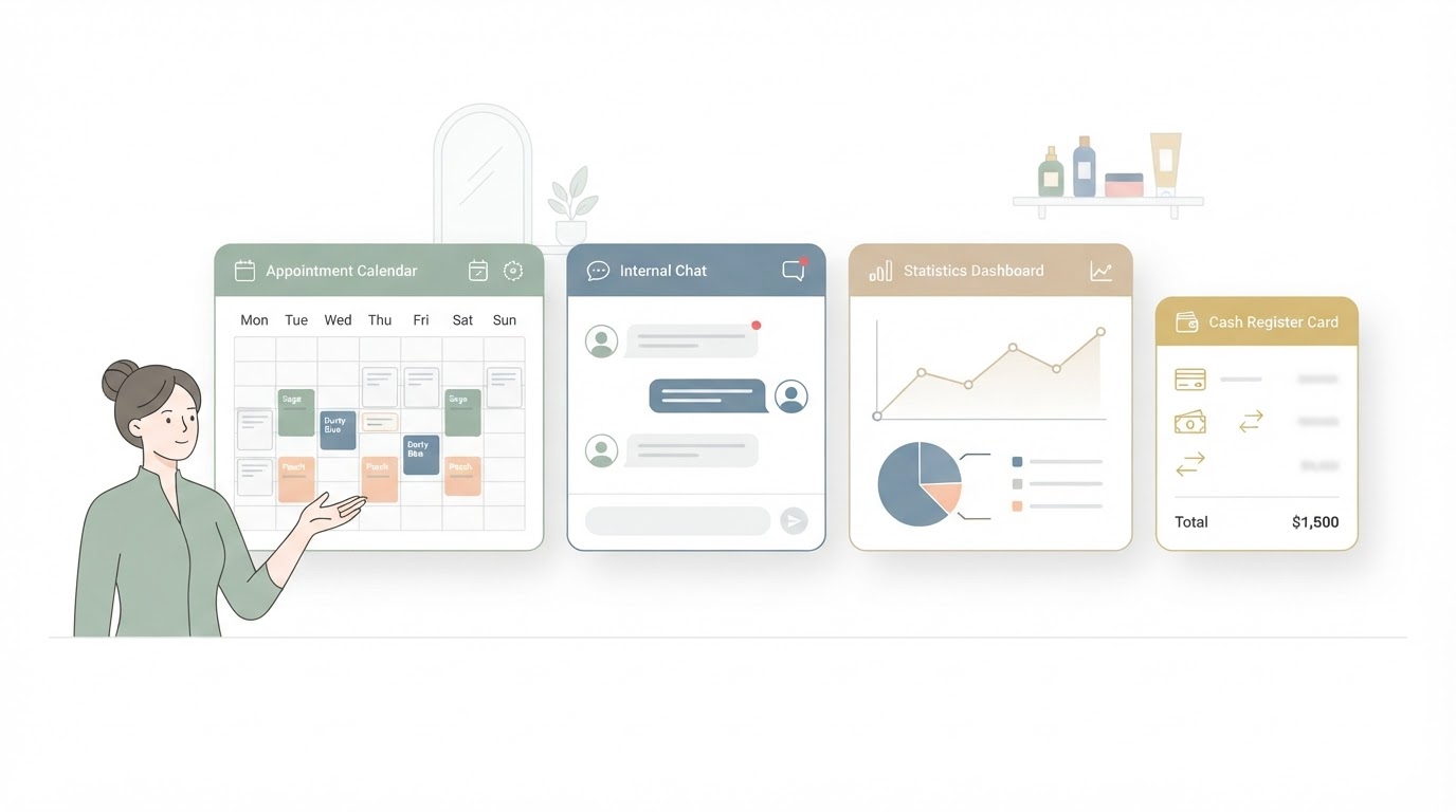 Interfaccia del gestionale System-Time: calendario, chat interna, statistiche e cassa